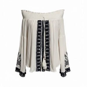 Coco + Jaimeson Boho Off Shoulder Embroidered Lace Trim Blouse Cream XL